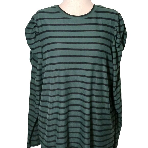 Ella‎ Rafaella Green/Black Striped Long Ruched Puff Sleeve Crew Neck Top Size 2X - Picture 2 of 11